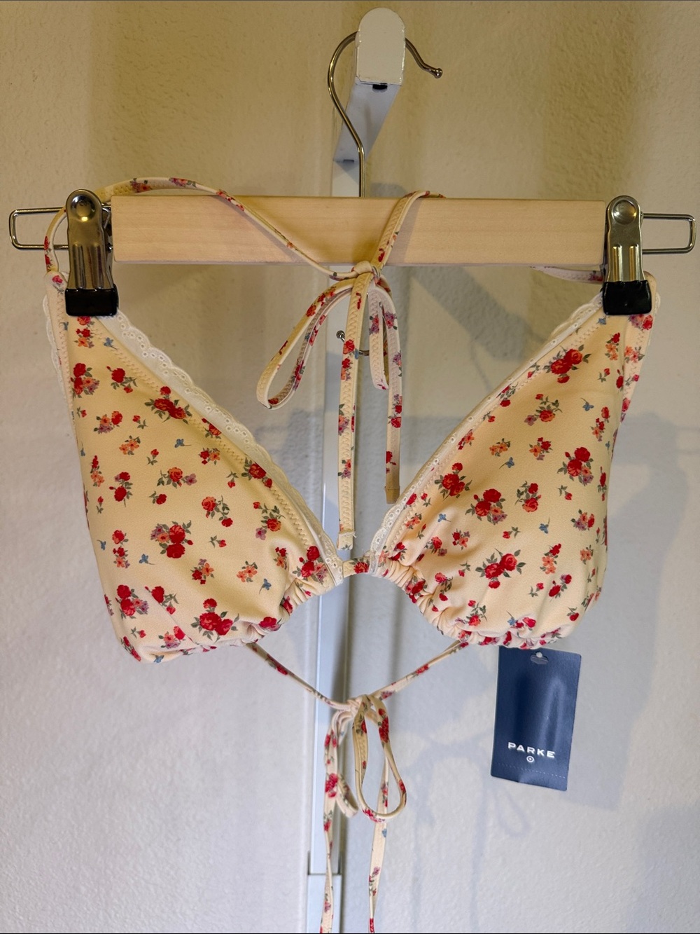 Parke Cream Floral Lace-Edge Triangle Bikini Top with Red Rose Print L NWT